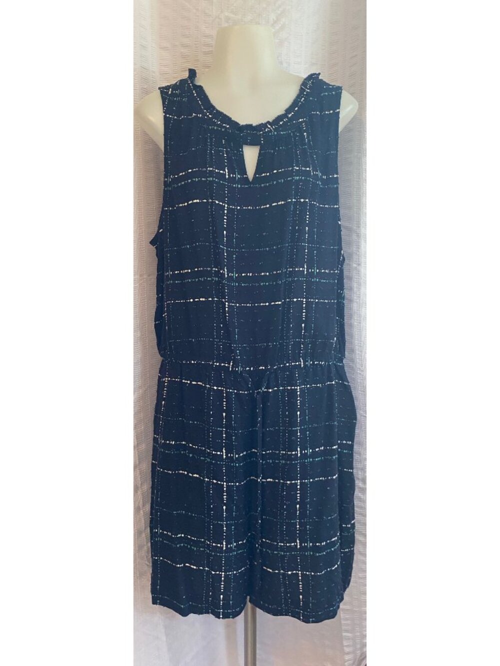 Apt. 9 Navy And White Plaid Ruffle Neck Romper
